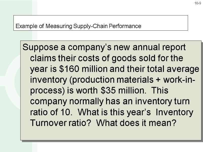Example of Measuring Supply-Chain Performance Suppose a company’s new annual report claims their costs